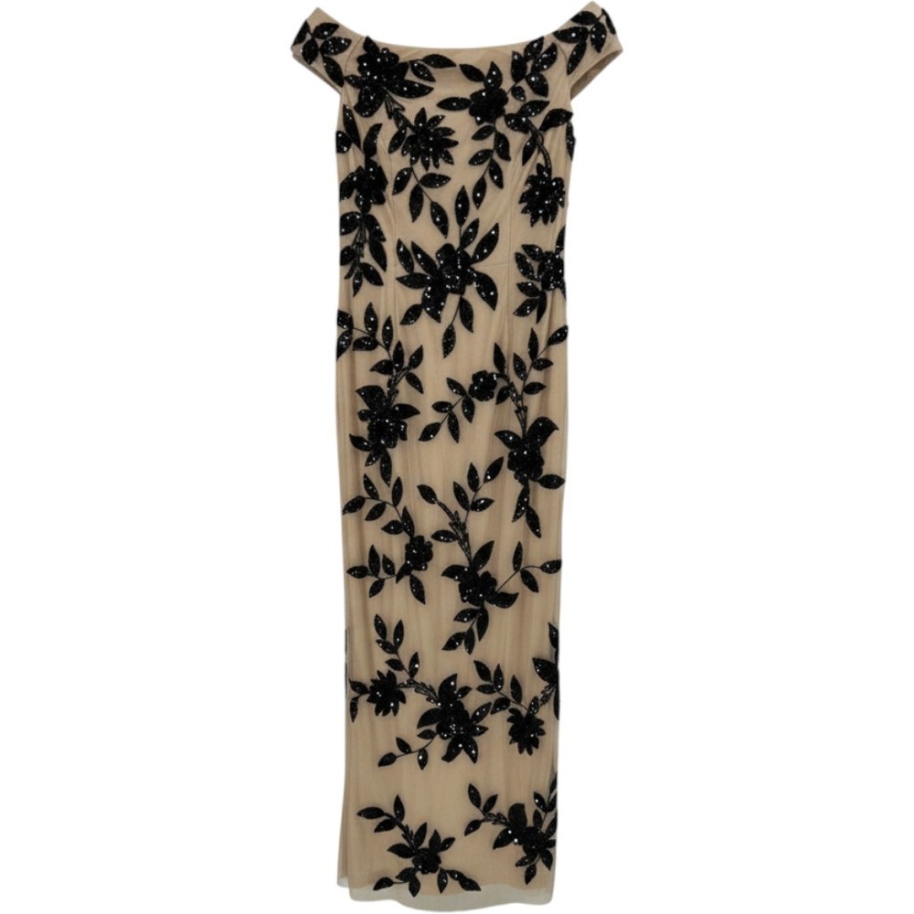 NWT Adrianna Papell Beaded Mesh Column Gown Black Nude Floral Size 6 — MSRP $329 - Picture 1 of 11
